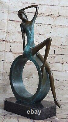 Art Deco Abstract Sculpture of Seated Woman and Girl in Bronze Circle Statue