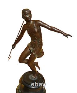 Art Deco Bronze Sculpture of a Semi-Nude Woman Throwing a Javelin, Signed Josselin