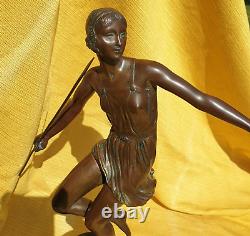 Art Deco Bronze Sculpture of a Semi-Nude Woman Throwing a Javelin, Signed Josselin