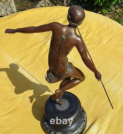 Art Deco Bronze Sculpture of a Semi-Nude Woman Throwing a Javelin, Signed Josselin