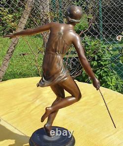 Art Deco Bronze Sculpture of a Semi-Nude Woman Throwing a Javelin, Signed Josselin