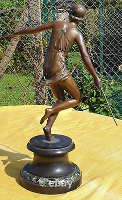 Art Deco Bronze Sculpture of a Semi-Nude Woman Throwing a Javelin, Signed Josselin