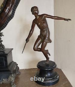 Art Deco Bronze Sculpture of a Semi-Nude Woman Throwing a Javelin, Signed Josselin