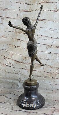 Art Deco Bronze Woman Signed Chiparus Museum Quality On Marble Background