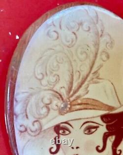 Art Deco Brooch Woman with Hat Screen Printed Resin Signed CA Vintage 30's