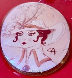 Art Deco Brooch Woman with Hat Screen Printed Resin Signed CA Vintage 30's