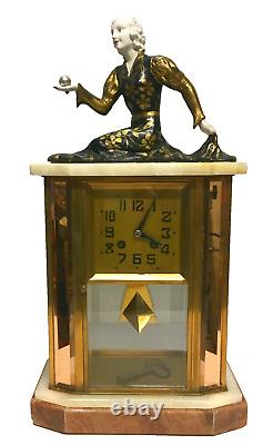 Art Deco Cage Clock Woman Statue in the Spirit of Chiparus