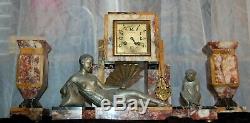 Art Deco Clock Onyx Woman, Trimmed Fireplace, Art Deco Clock Onyx Woman