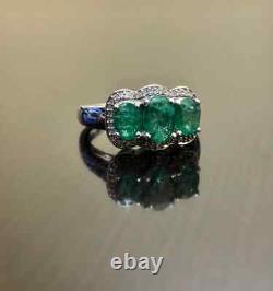 Art Deco Emerald Diamond Ring Wedding, Three Stone Gift For Women