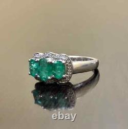 Art Deco Emerald Diamond Ring Wedding, Three Stone Gift For Women