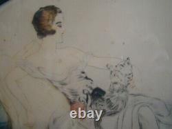 Art Deco Engraving In An Oval Setting Of A Young Woman And Her Cat #1424#