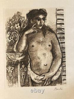 Art Deco Engraving: Laszlo Barta Erotic Nude Female Portrait Etching 1940s-1950s