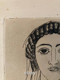 Art Deco Engraving Laszlo Barta Portrait of Woman with Dove Bird Bust Etching