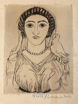 Art Deco Engraving Laszlo Barta Portrait of Woman with Dove Bird Etching Bust