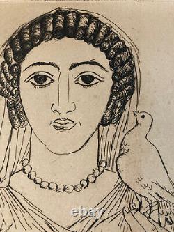 Art Deco Engraving: Laszlo Barta Portrait of Woman with Dove Bird Etching Bust