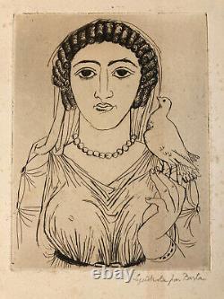 Art Deco Engraving Laszlo Barta Woman Portrait with Dove Bird Etching Bust