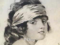 Art Deco Engraving Signed by William Ablett Sensual Portrait of 19th Century Fashionable Woman