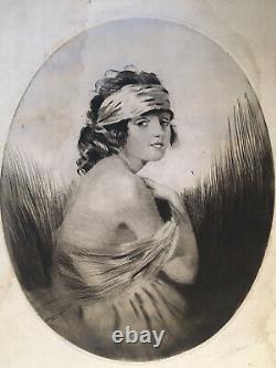 Art Deco Engraving Signed by William Ablett Sensual Woman Portrait 19th Century Fashion
