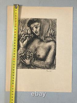 Art Deco Engraving Woman with Bouquet Laszlo Barta Erotic Nude Portrait 1950