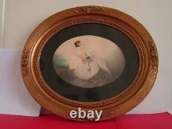 Art Deco Engraving in an Oval Frame of a Young Woman and Her Cat #1424#