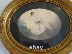 Art Deco Engraving in an Oval Frame of a Young Woman and Her Cat #1424#