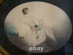 Art Deco Engraving in an Oval Frame of a Young Woman and Her Cat #1424#