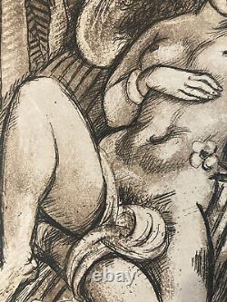 Art Deco Engraving of Reclining Woman - Laszlo Barta Erotic Nude Portrait 1950 Vintage