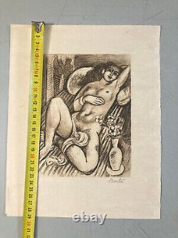 Art Deco Engraving of Reclining Woman, Laszlo Barta Erotic Nude Portrait 1950 Vintage