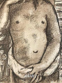 Art Deco Engraving of Woman, Laszlo Barta Erotic Nude Portrait Etching 1940-50