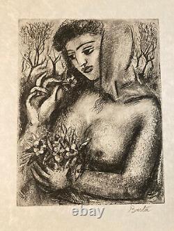 Art Deco Engraving of Woman by Laszlo Barta Erotic Nude Portrait Etching 1940 1950