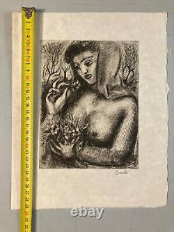 Art Deco Engraving of Woman by Laszlo Barta Erotic Nude Portrait Etching 1940 1950