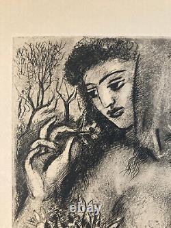 Art Deco Engraving of Woman with Bouquet by Laszlo Barta Erotic Nude Portrait 1950