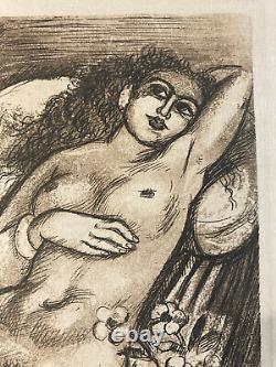 Art Deco Engraving of a Lying Woman by Laszlo Barta, Erotic Nude Portrait, 1950 Vintage