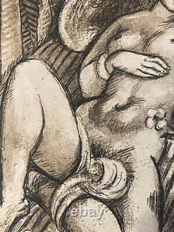 Art Deco Engraving of a Reclining Woman: Laszlo Barta Erotic Nude Portrait 1950 Vintage