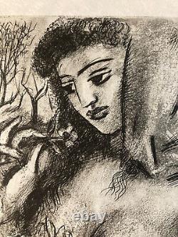 Art Deco Engraving of a Woman, Laszlo Barta Erotic Nude Portrait, Etching 1940-1950