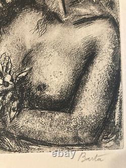 Art Deco Engraving of a Woman, Laszlo Barta Erotic Portrait Nude Etching Breasts