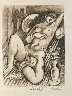 Art Deco Engraving of a Woman Lying Down - Laszlo Barta Erotic Nude Portrait 1950 Vintage