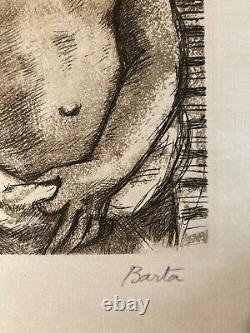 Art Deco Engraving of a Woman by Laszlo Barta: Erotic Nude Portrait, Etching, 1940s-1950s.