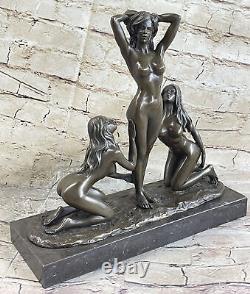 Art Deco Erotic 3 Woman Chair Bronze Sculpture Marble Base Figurine Statue