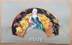 Art Deco Fan Project Vicente Ballester Spanish Hand-Painted Fabric Woman Flower