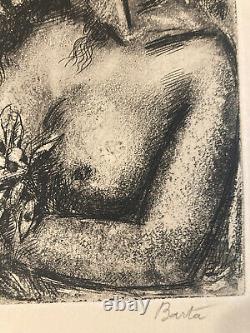 Art Deco Gravure of Woman: Laszlo Barta Erotic Portrait Nude Etching with Bare Breasts