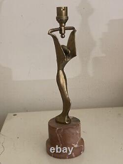 Art Deco Lamp Aluminum Winged Woman Sculpture Pink Marble Base 1920