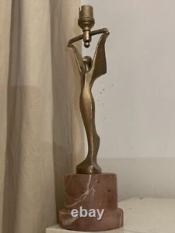 Art Deco Lamp Aluminum Winged Woman Sculpture Pink Marble Base 1920