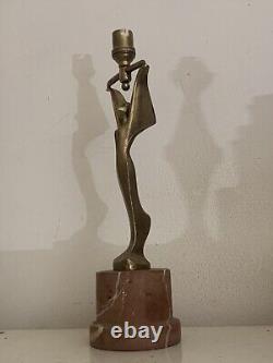 Art Deco Lamp Aluminum Winged Woman Sculpture Pink Marble Base 1920