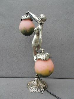 Art Deco Lamp In Silver Bronze French Glass (vase Etc.) Sculpture Woman