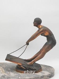 Art Deco Lamp from the 1920s with Woman Wakeboarding Sculpture on Marble