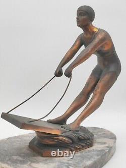 Art Deco Lamp from the 1920s with Woman Wakeboarding Sculpture on Marble