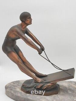 Art Deco Lamp from the 1920s with Woman Wakeboarding Sculpture on Marble