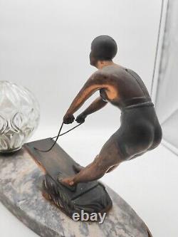 Art Deco Lamp from the 1920s with Woman Wakeboarding Sculpture on Marble