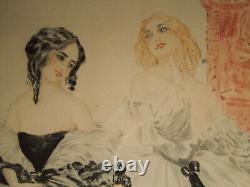 Art Deco Lithograph of Two Elegant Women with Fan Magot